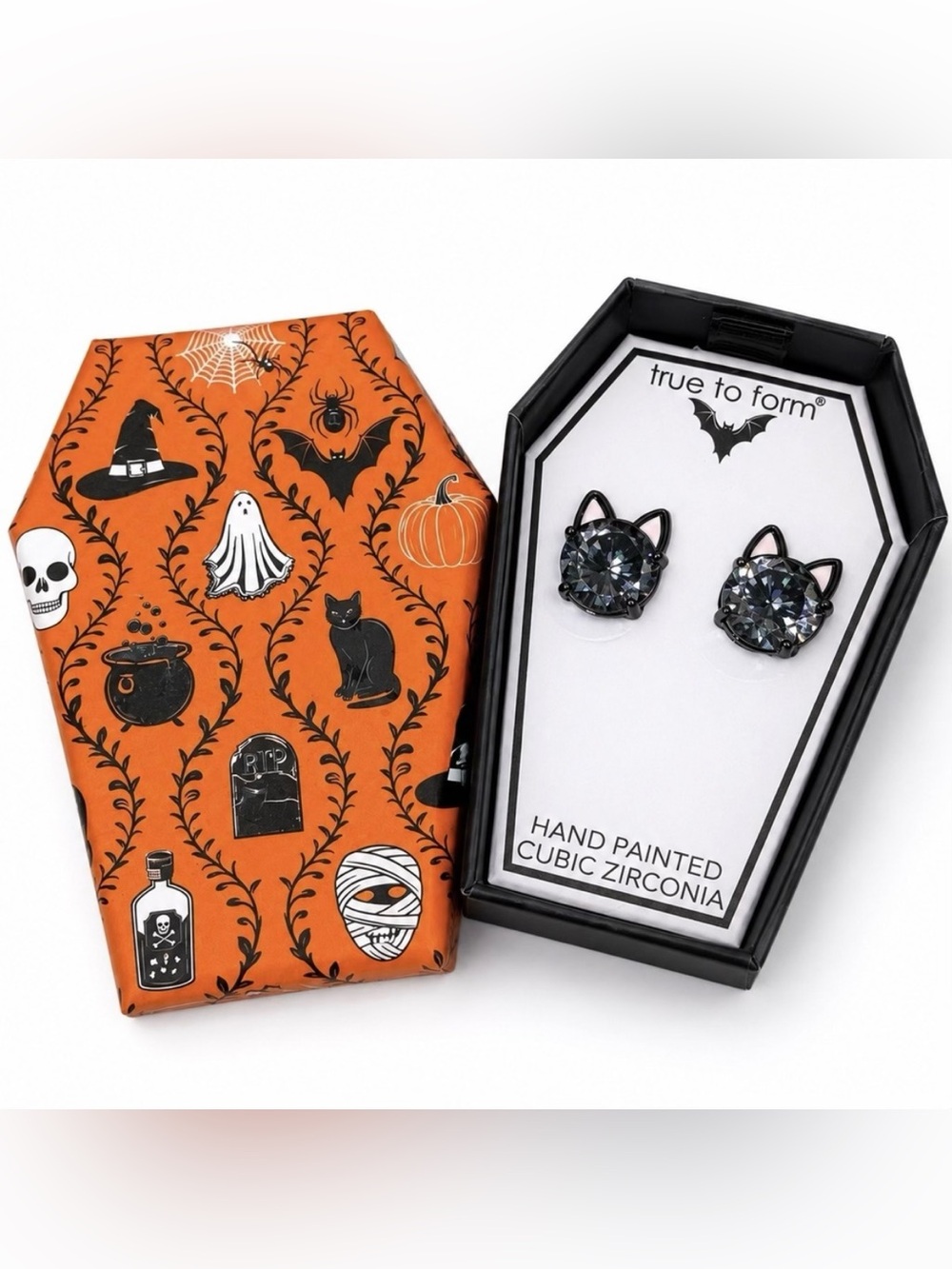 True to Form Black Cat Cubic Zirconia Stud Earrings Halloween Coffin Gift Box